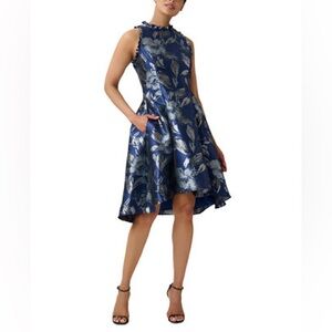 🌙 Adrianna Papell Jacquard High-Low Halter Dress | Navy Blue Floral | Size 16